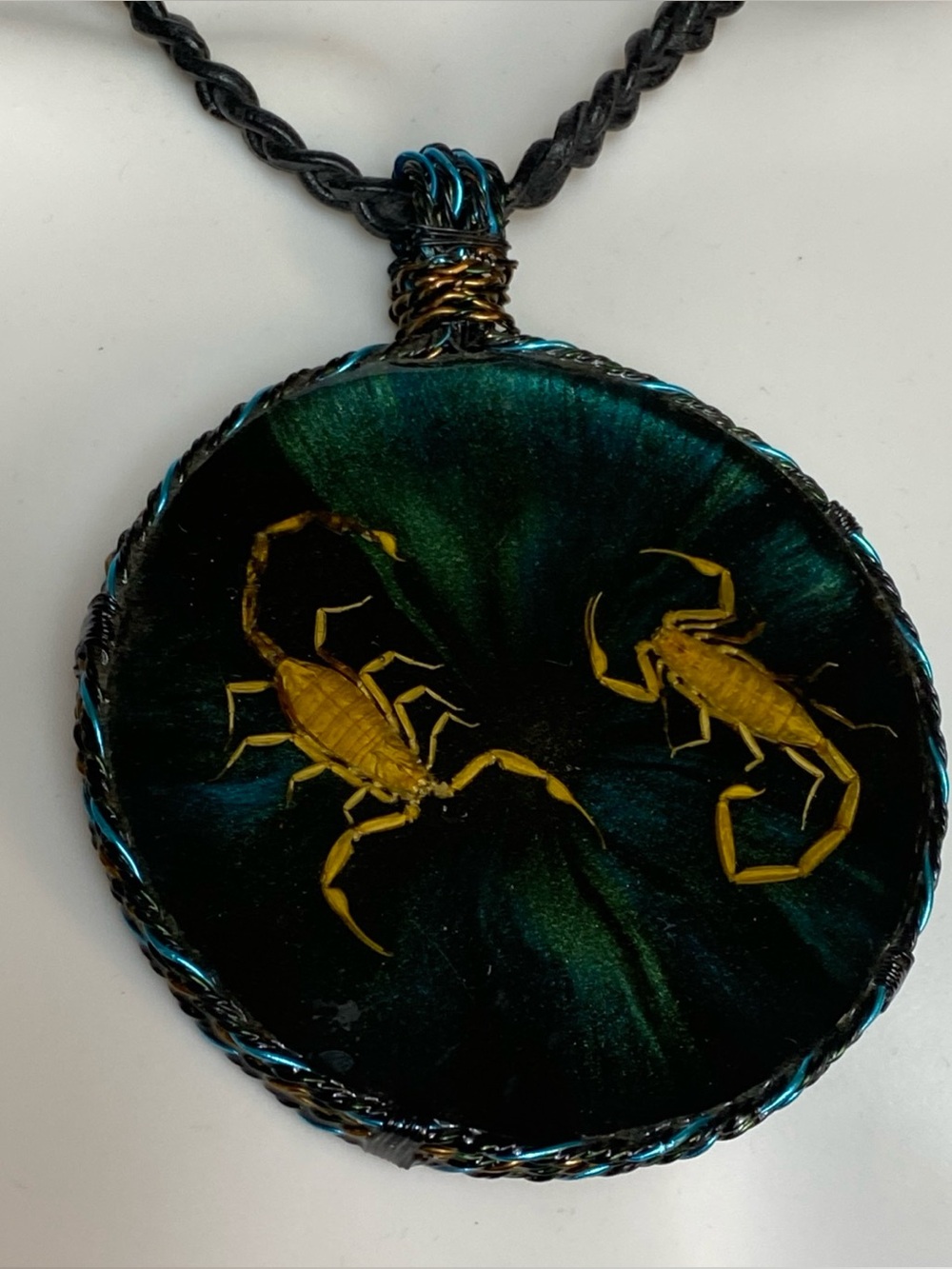 Necklace Cord Leather Big handmade Resin pendant featuring real scorpions